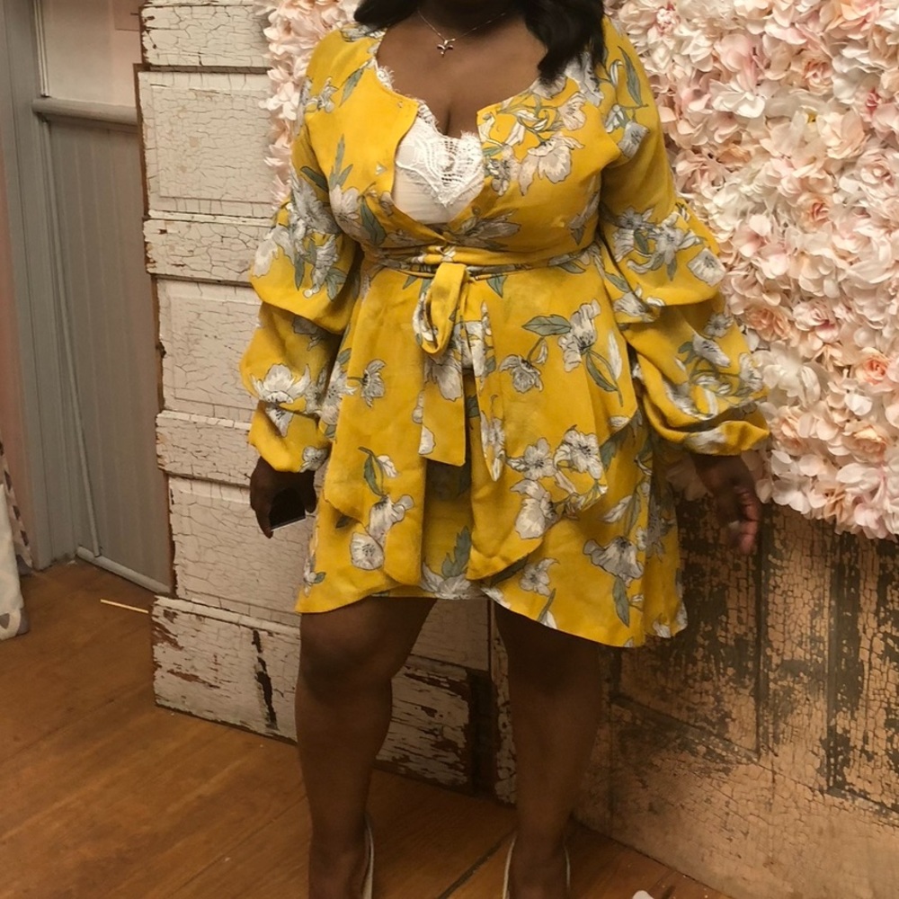 Beautiful Yellow flowy dress with grey and white floral print.